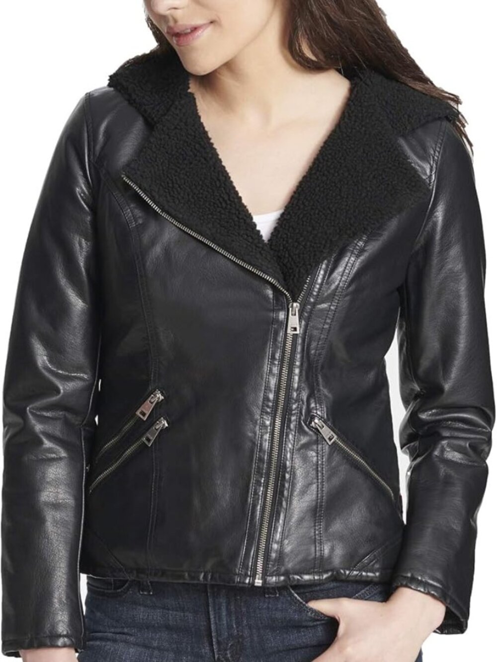 Levi's Women's Asymmetrical Sherpa Lined Faux Leather Moto Jacket Size XS